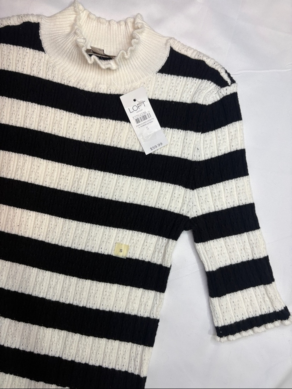 Black and White Stripe Lettuce Ruffle Trim Mock Neckline Hem Knit Short Sleeve